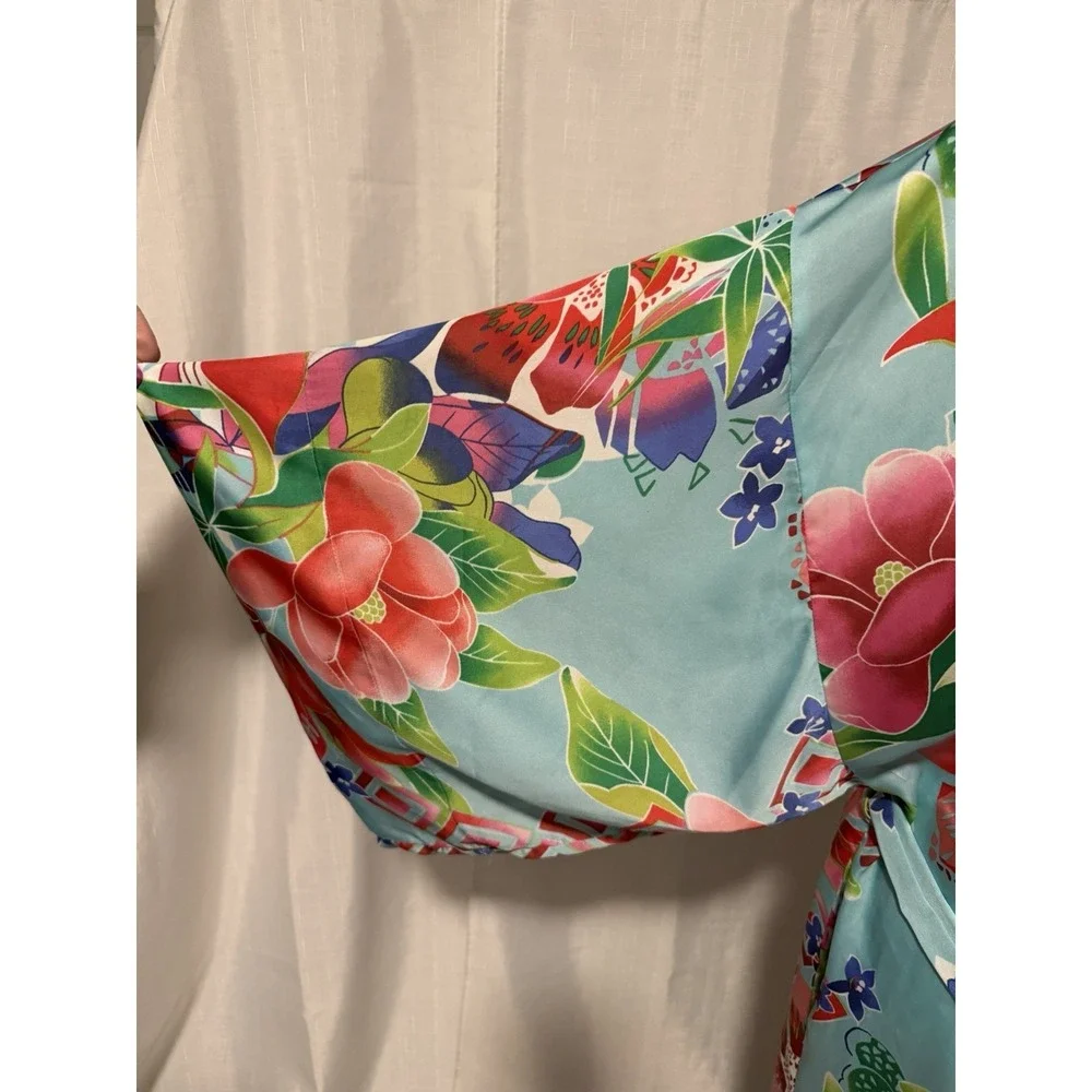 Natori Star Blossom L Robe & Gown Set Silky Floral Kimono Luxury Lounge Resort